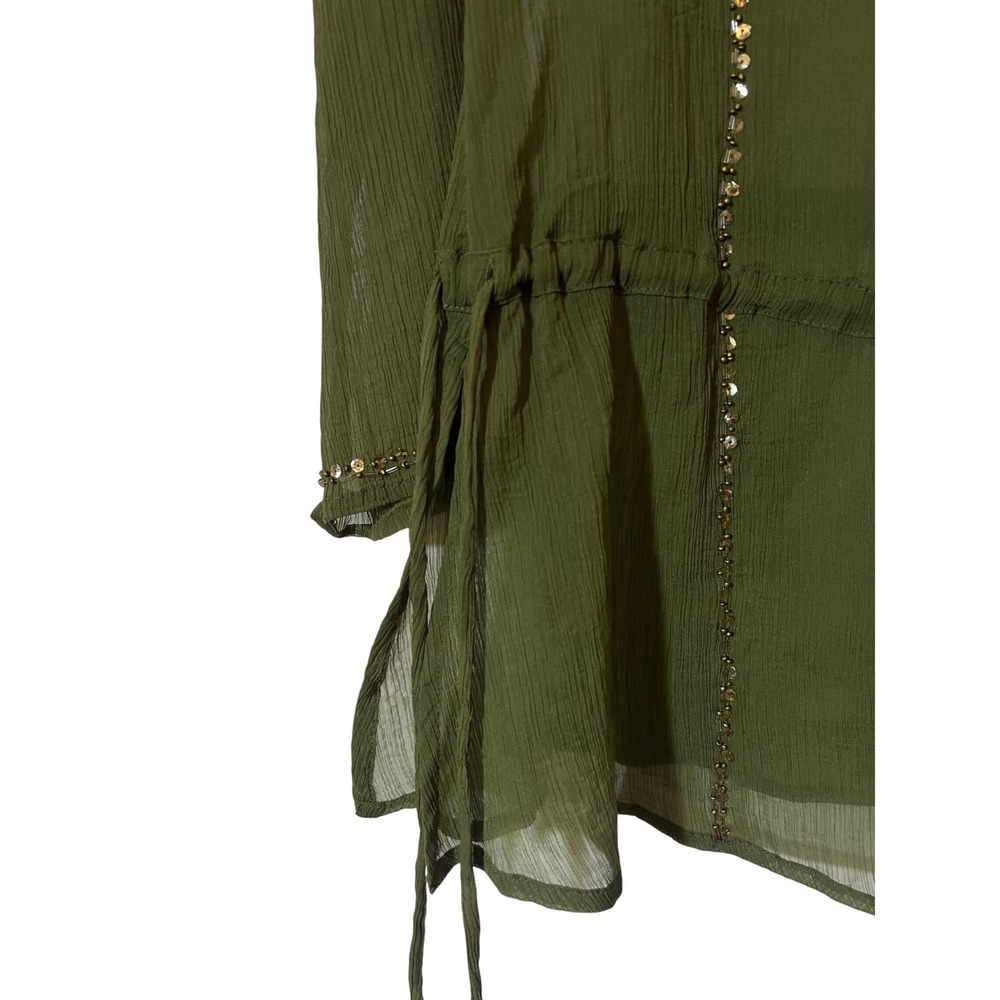 Y2K Mixit Sheer Tunic Top XS Boho Earthy Olive Green Beaded Gold Sequin Gauze - Picture 4 of 10